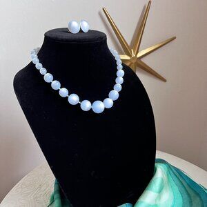 Blue Lucite Moonglow Mid-Century Necklace and Earrings